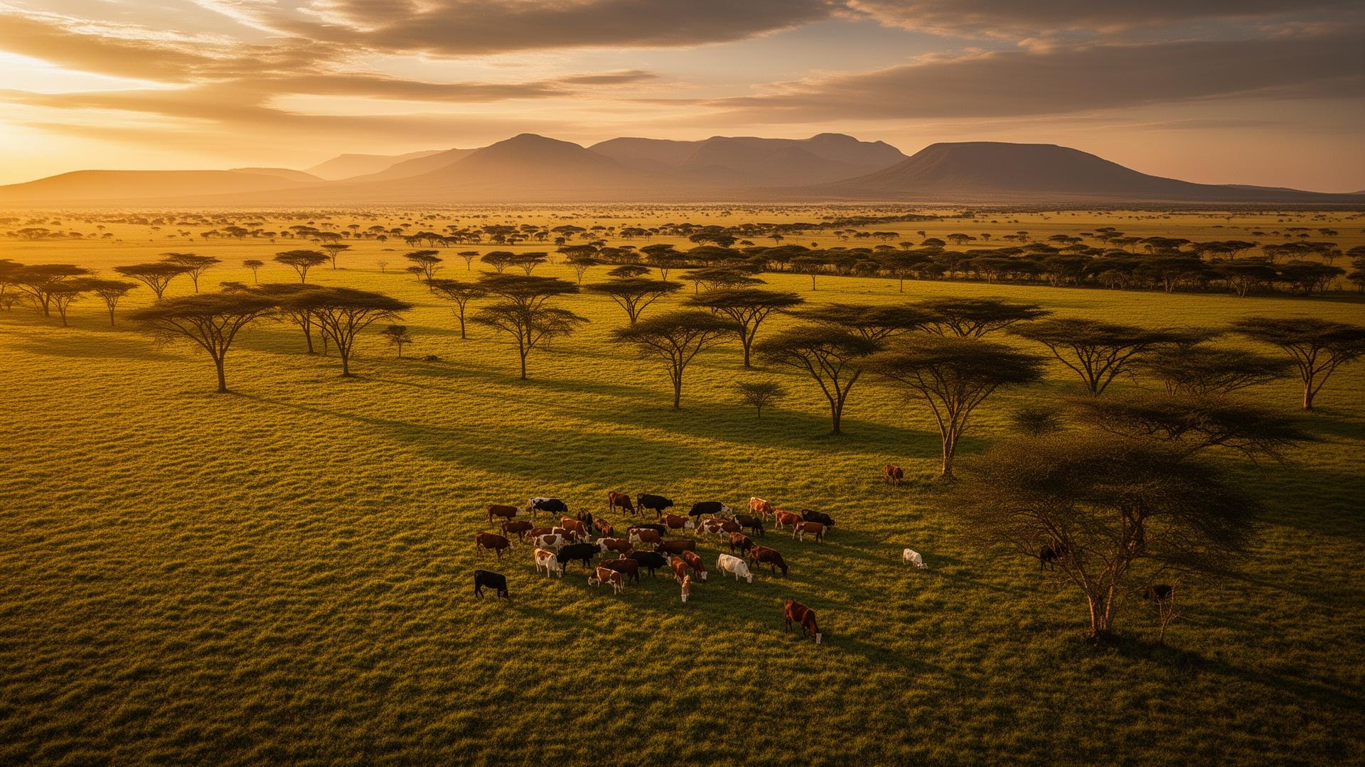 African savanna at golden hour with grazing cattle